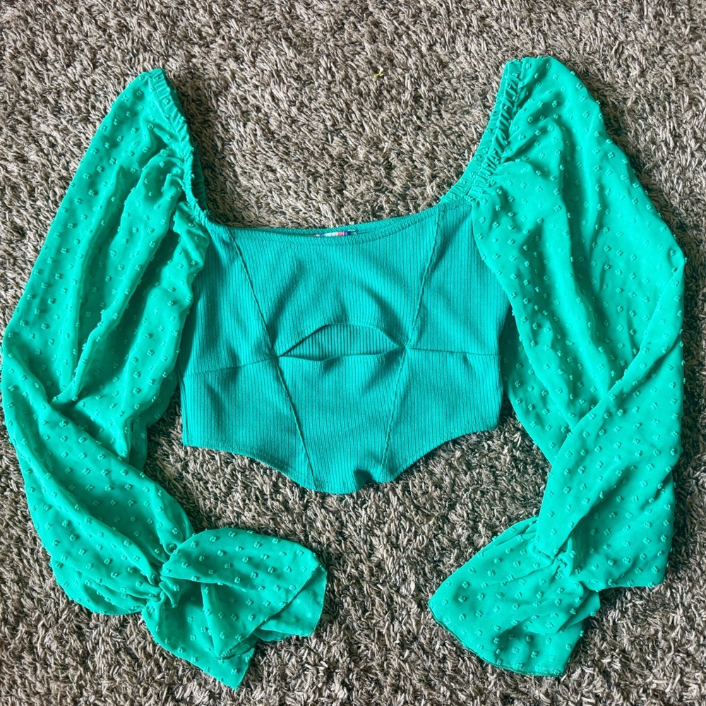 Urban Outfitters Green Long Sleeve Cut-Out Crop Blouse